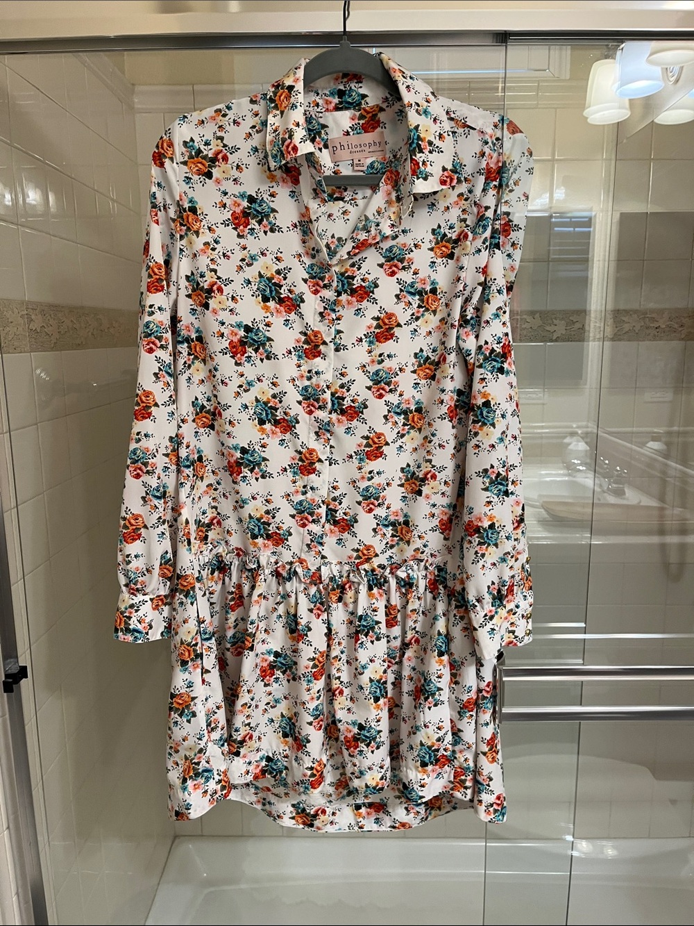 Philosophy White Floral Button-Down Dress with Orange & Teal Blooms